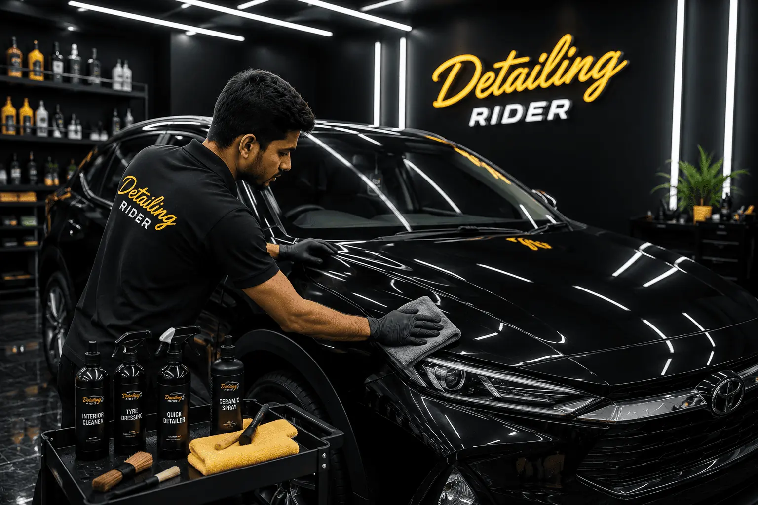 Black car being hand finished after a wash