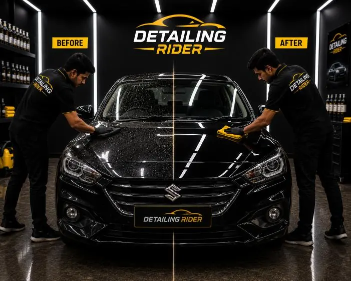 Black sedan paint before and after machine polishing