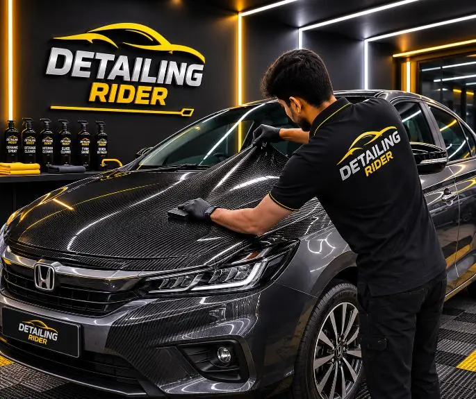 Carbon window film on a grey Honda City