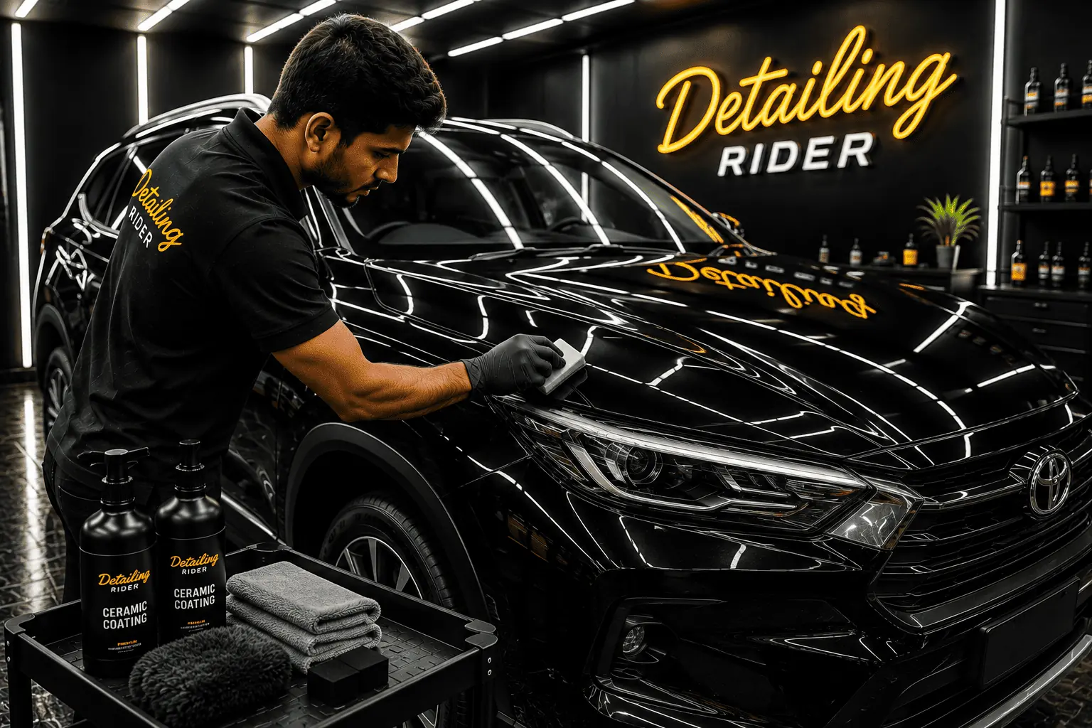 Coating applicator spreading ceramic coating on a black car panel