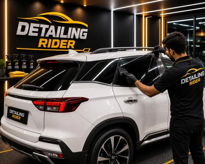 Ceramic tint being fitted on the rear glass of a white SUV