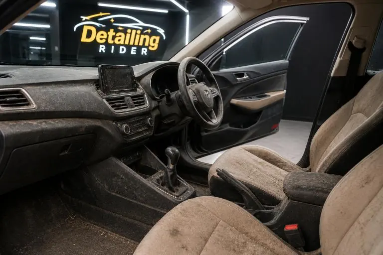 Dirty car interior with dust and soil before cleaning