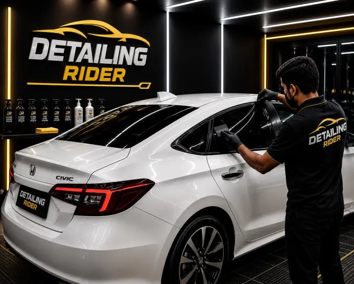 Dyed window film on a white sedan