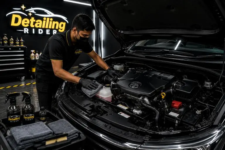 Engine bay being cleaned in the studio