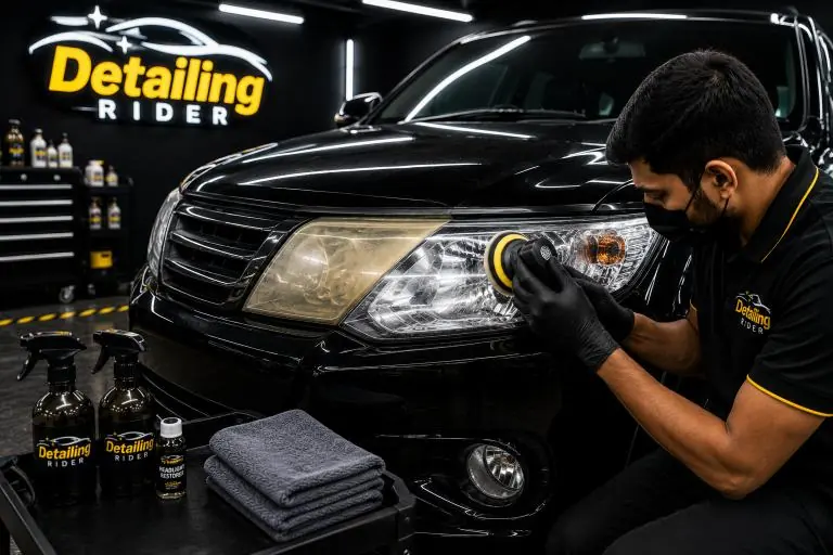 Headlight lens being polished during restoration at the Panipat studio