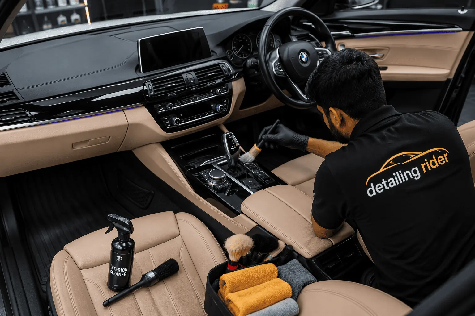 Centre console being cleaned before interior film is fitted