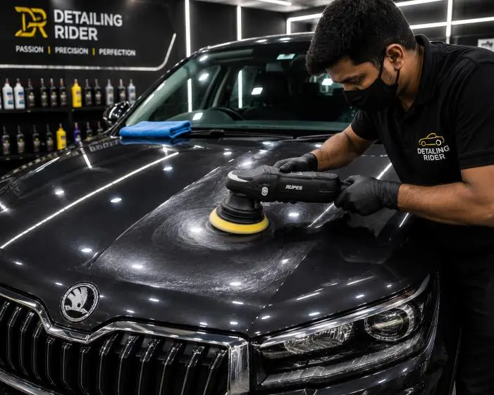 Machine polisher working on a black Skoda bonnet