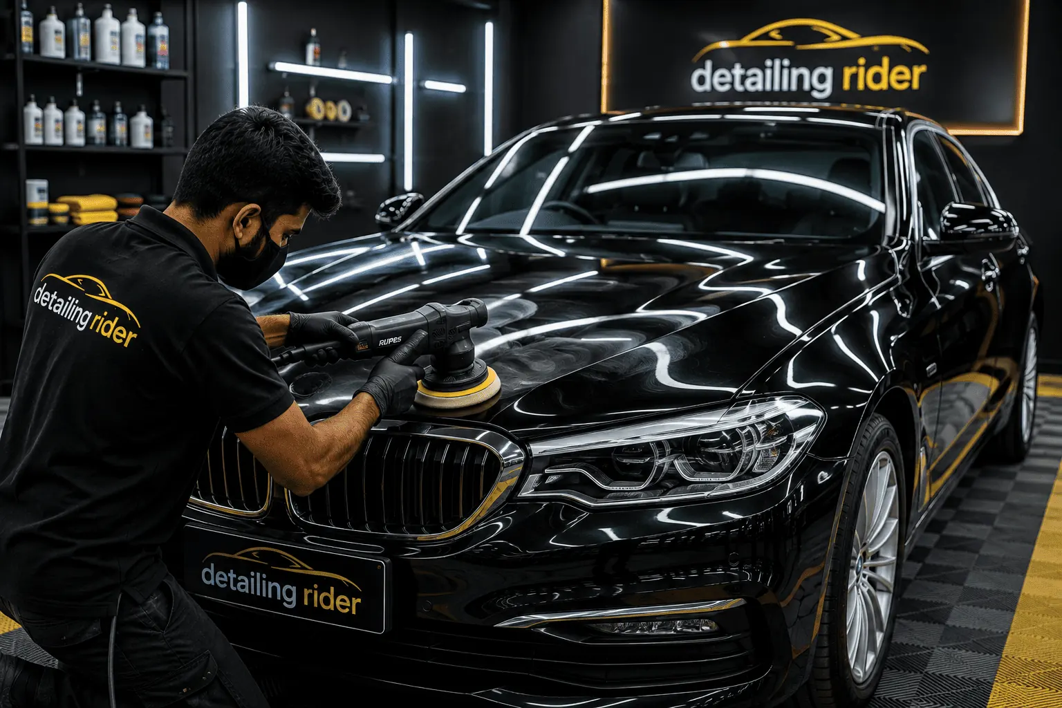 Machine polishing a black Hyundai before ceramic coating