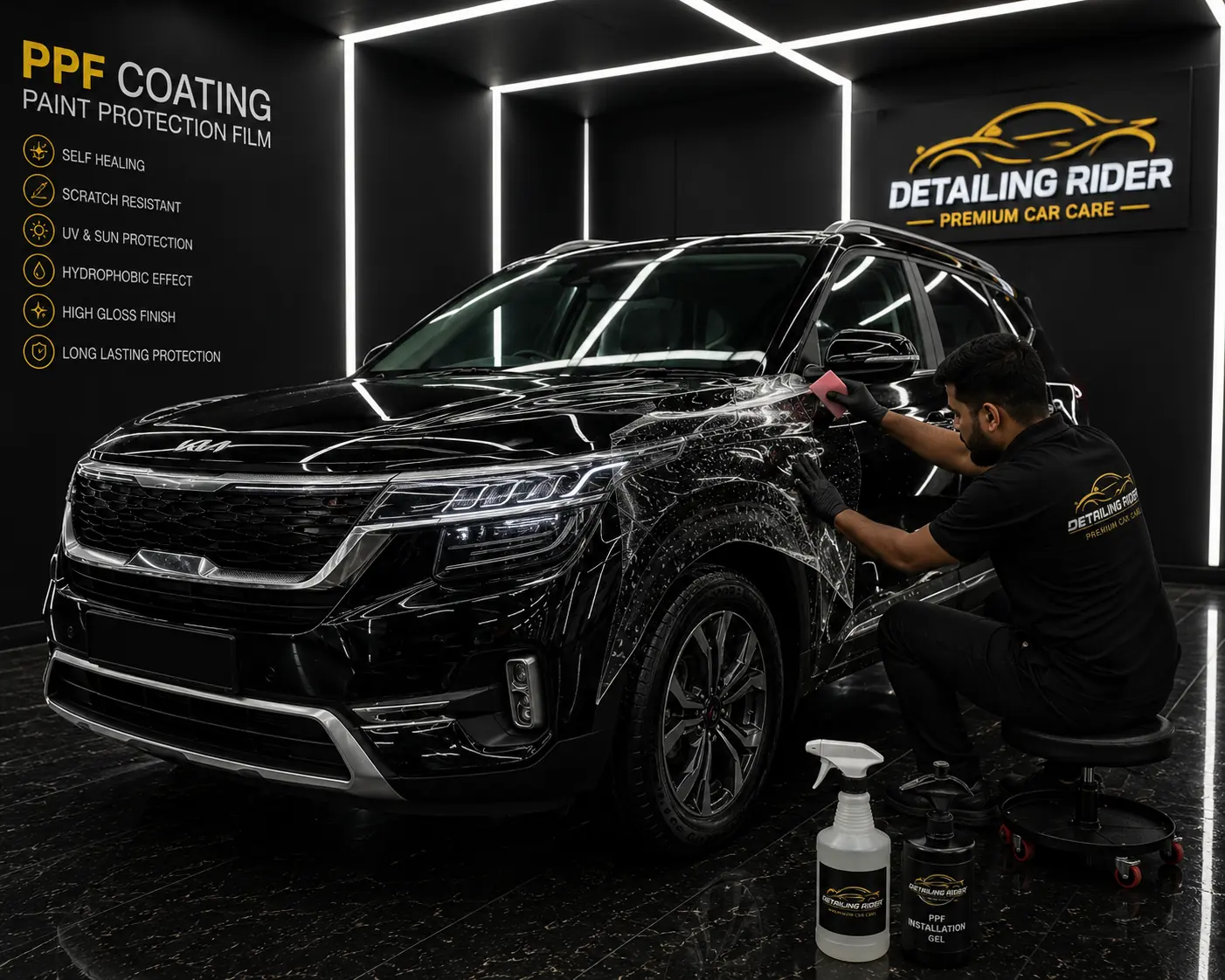 Front of a black Kia with paint protection film