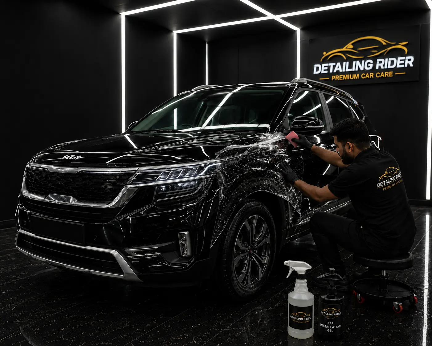 Side of a black Kia with paint protection film