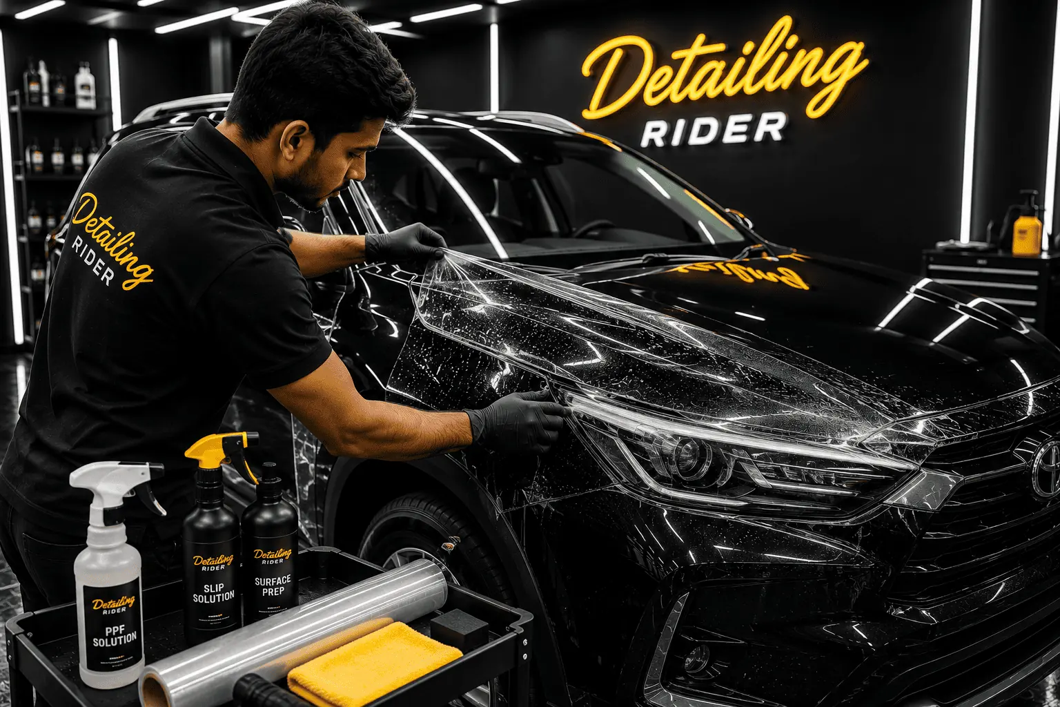 Installer fitting PPF near the headlamp of a black SUV