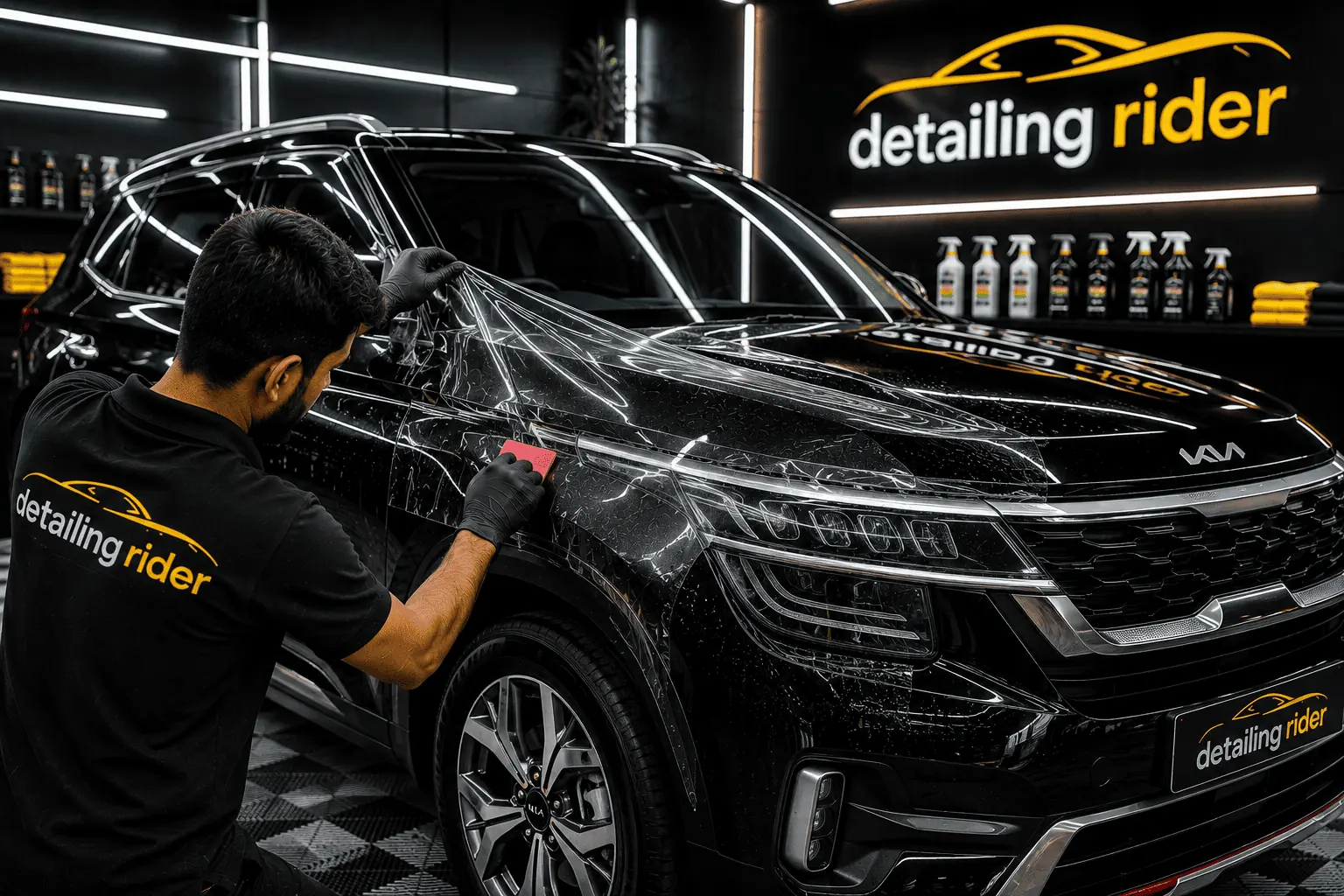 Squeegee pushing slip solution out from under PPF on a black SUV