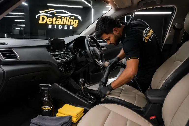 Beige seats being cleaned during an interior detail in Sonipat