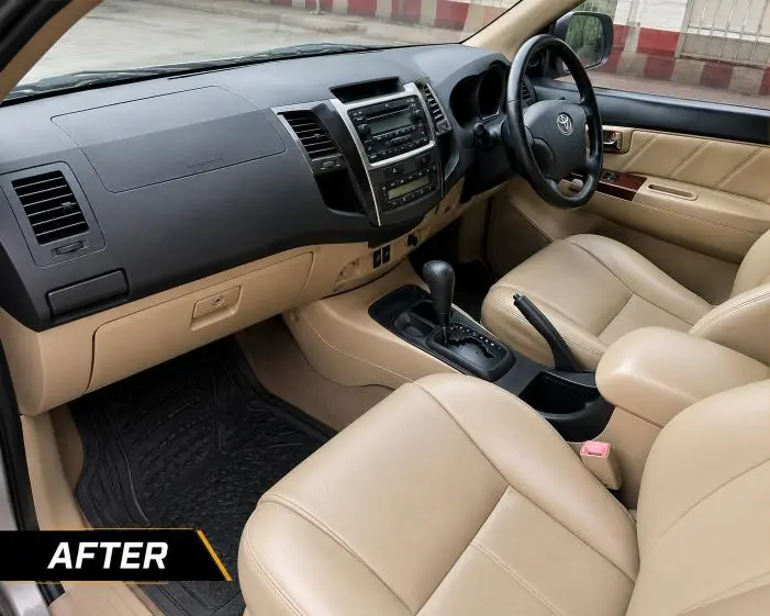 After: Toyota interior before cleaning and after a full interior detail