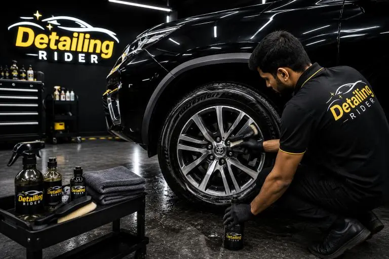 Wheel and tyre being cleaned on a black SUV