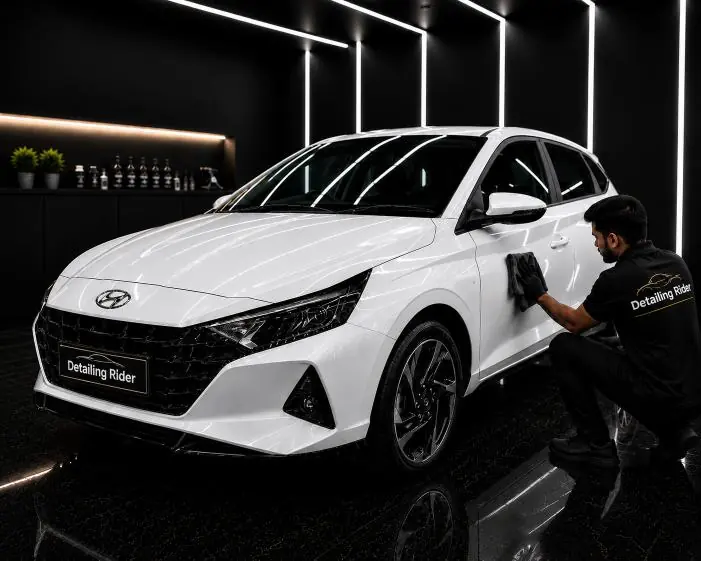 White Hyundai i20 being detailed in the studio