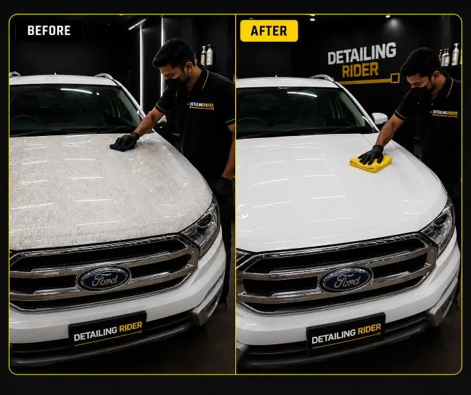White SUV before and after paint decontamination