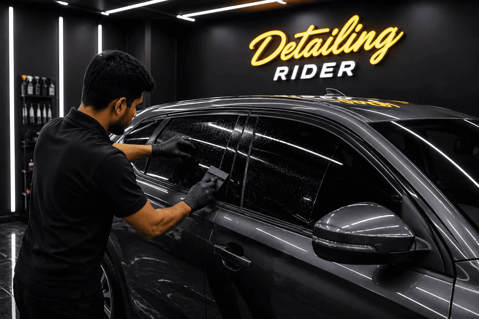 Window tint on a black hatchback