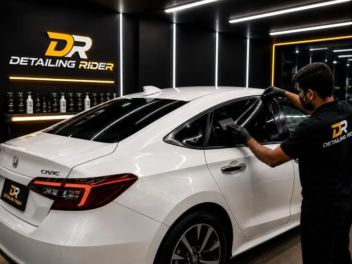 Rear window tint on a white sedan